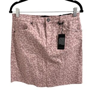 Kut From the Kloth Pink Leopard Denim Mini Skirt Raw Hem, size 8